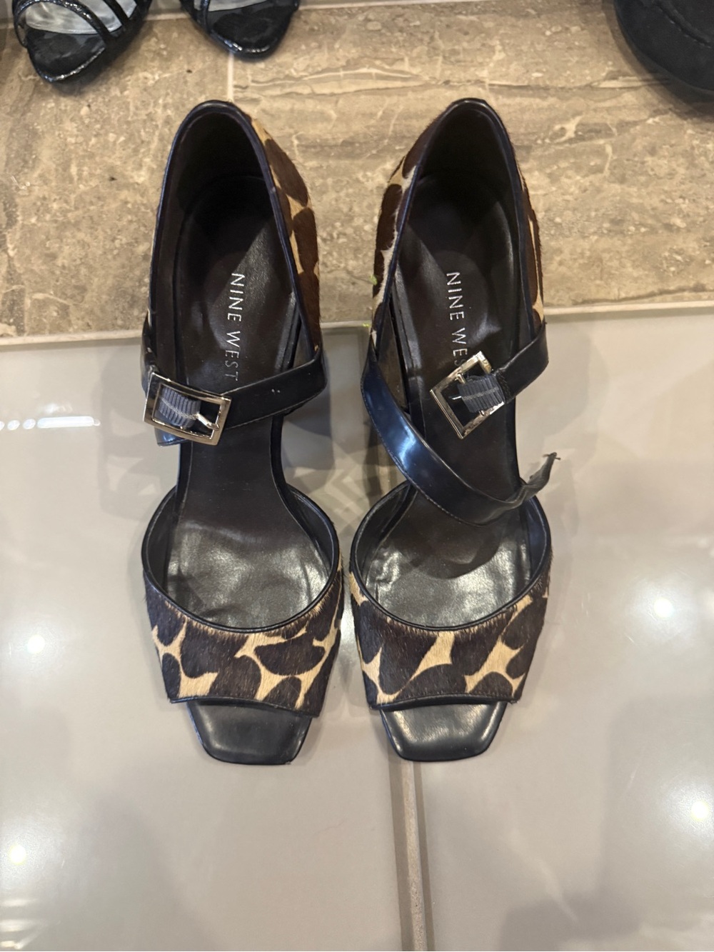 Nine West Leopard Print Ankle-Strap Heels in Black and Tan
